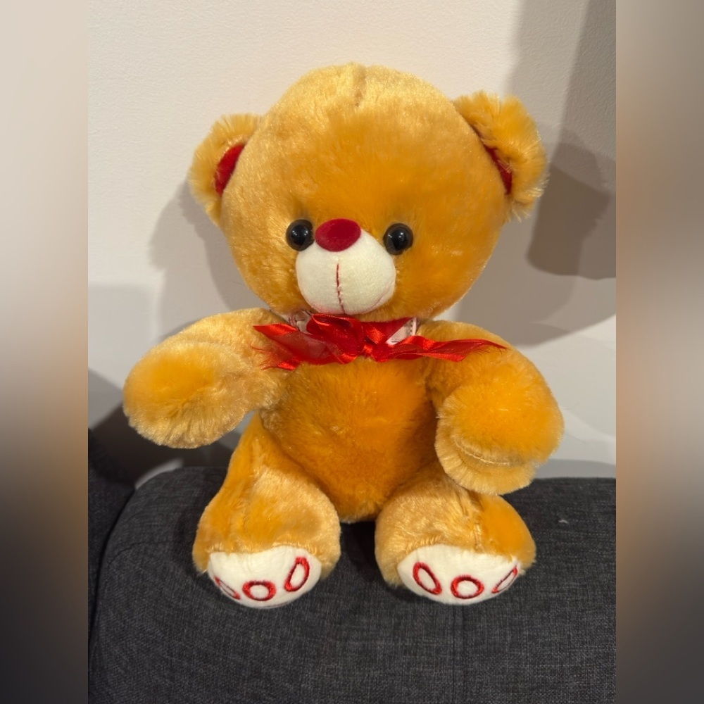 Teddy Bear Plush Gold with Red Bow – Cute Gift